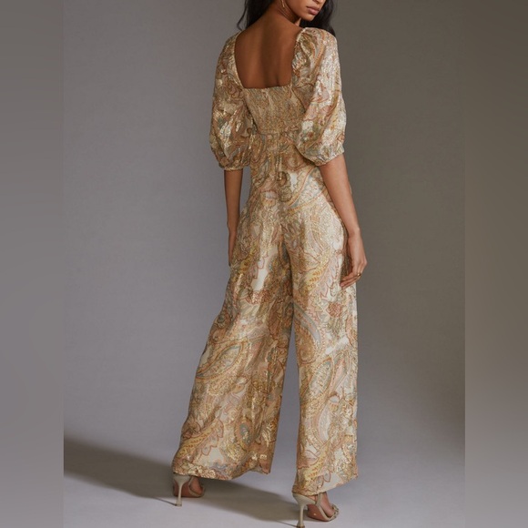 Anthropologie Ranna Gill Metallic Gold Paisley Jumpsuit Small - Picture 4 of 13